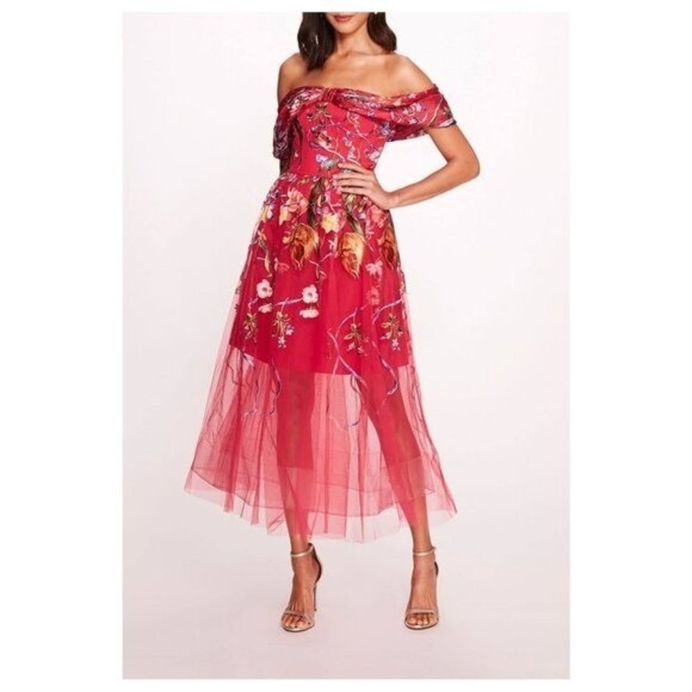 Marchesa Notte Women's Ribbons Tulle Midi Dress in Pink - Picture 2 of 13
